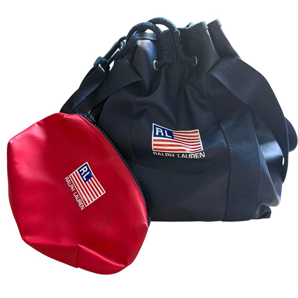 Ralph Lauren Polo Sport Bucket Bag Blue USA Flag Drawstring Vinyl Tote Redโ Case